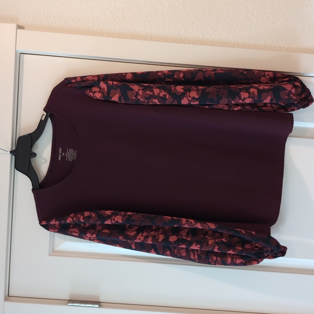 Nine West Burgundy Blouse with Red Floral Sleeves